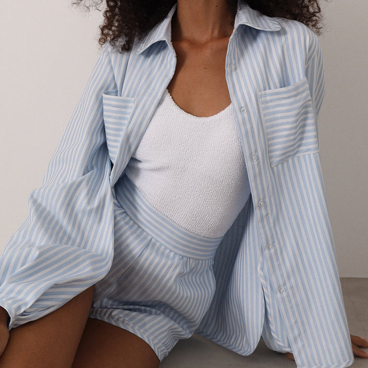 Casual Striped Shirt & Short Outfit For Women