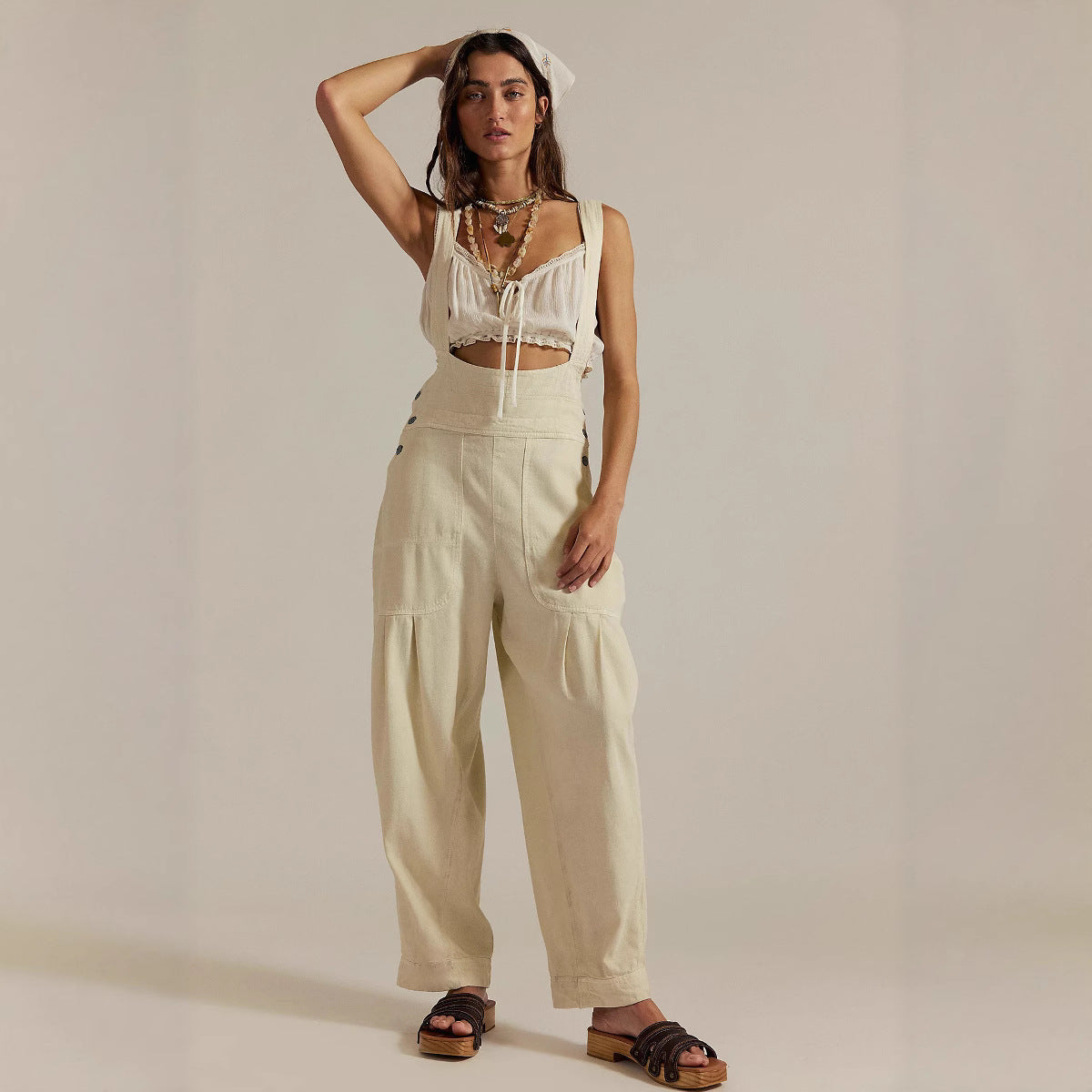 Sleeveless Denim Suspender Pants