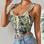 Printed Lace up Corset Vest
