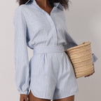 Casual Striped Shirt & Short Outfit For Women