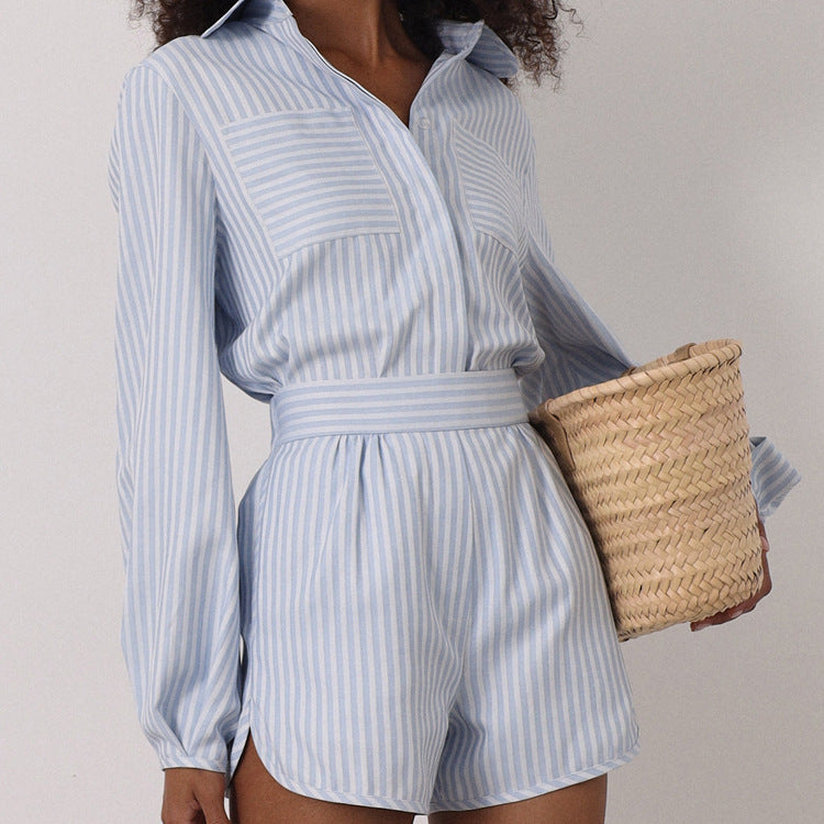 Casual Striped Shirt & Short Outfit For Women