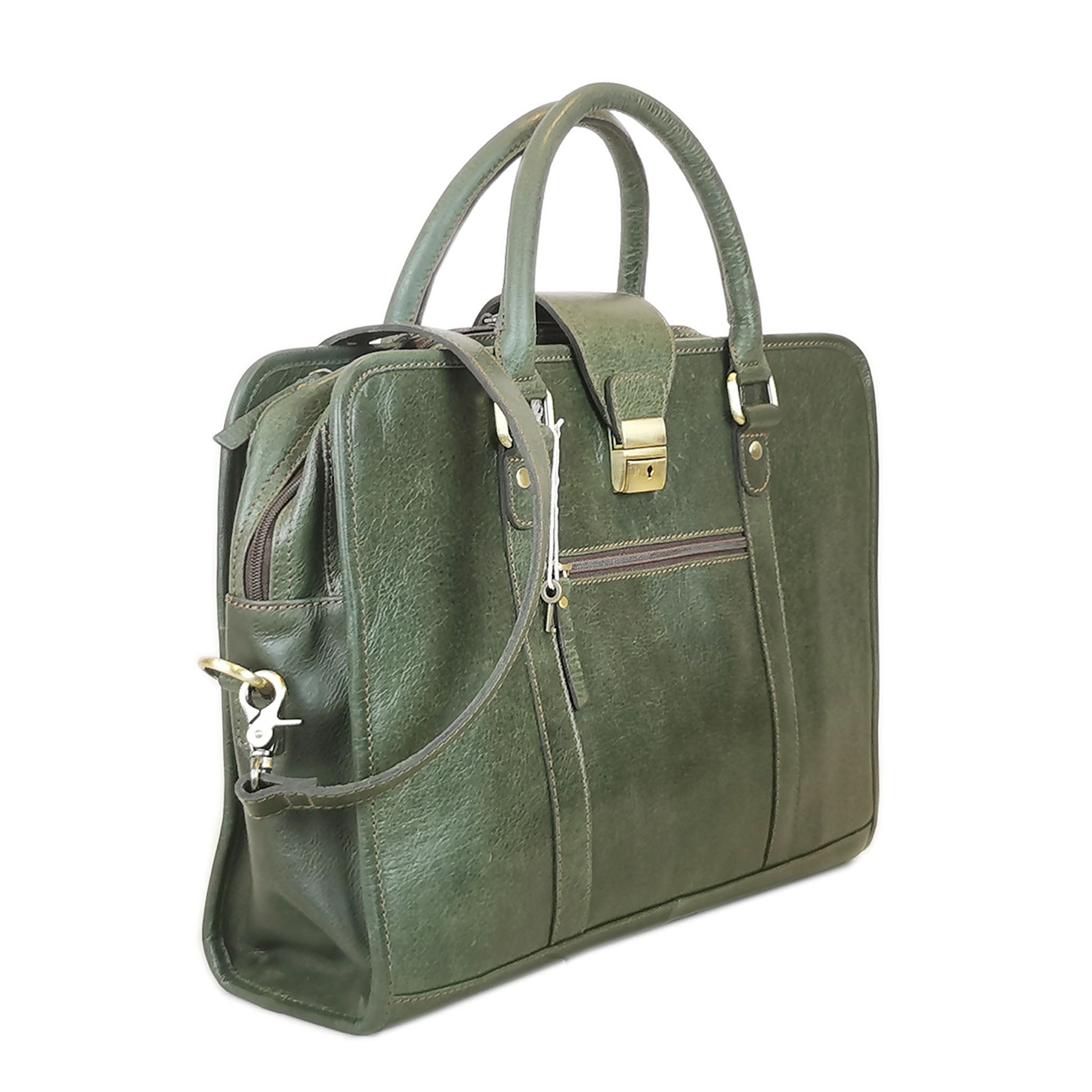 Leather Briefcase, Olive Green-0